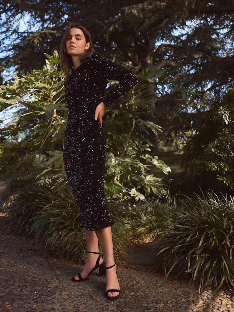 Black Long Sleeve Sequin Bow Back Midi Dress - Image 2 of 7