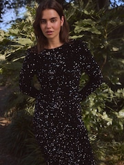 Black Long Sleeve Sequin Bow Back Midi Dress - Image 3 of 7