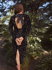 Black Long Sleeve Sequin Bow Back Midi Dress - Image 4 of 7