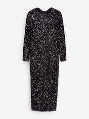 Black Long Sleeve Sequin Bow Back Midi Dress - Image 5 of 7