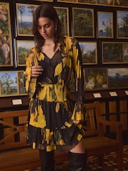 Yellow/Black Floral Kew Collection Floral Mesh Mini Dress - Image 1 of 4