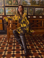 Yellow/Black Floral Kew Collection Floral Mesh Mini Dress - Image 2 of 4