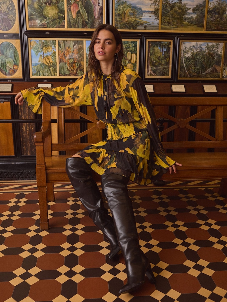 Yellow/Black Floral Kew Collection Floral Mesh Mini Dress - Image 2 of 4