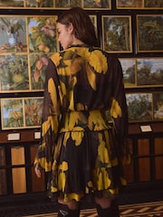 Yellow/Black Floral Kew Collection Floral Mesh Mini Dress - Image 3 of 4