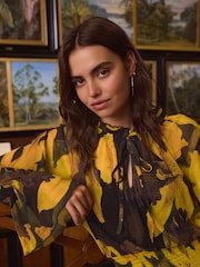 Yellow/Black Floral Kew Collection Floral Mesh Mini Dress - Image 4 of 4
