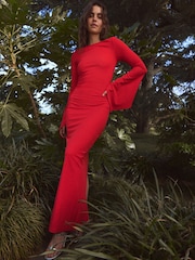 Red Bardot Long Sleeve Ruched Maxi Dress - Image 1 of 7