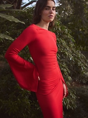 Red Bardot Long Sleeve Ruched Maxi Dress - Image 2 of 7