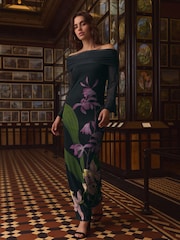 Black/Purple Floral Kew Collection Mesh Bardot Maxi Dress - Image 1 of 7
