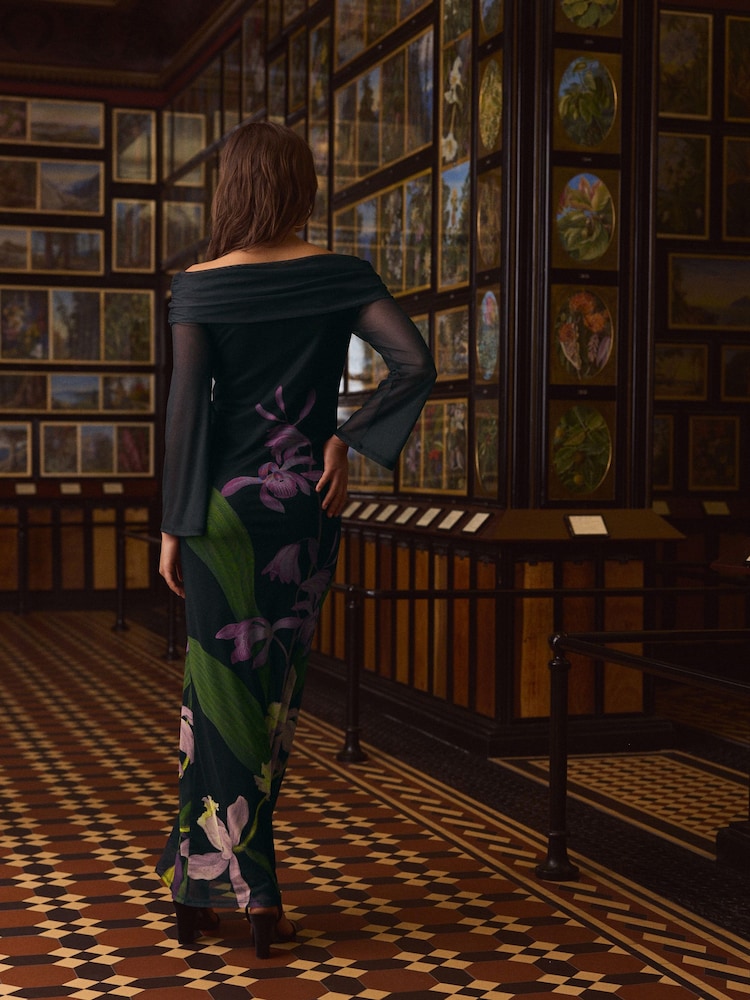 Black/Purple Floral Kew Collection Mesh Bardot Maxi Dress - Image 3 of 7