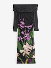 Black/Purple Floral Kew Collection Mesh Bardot Maxi Dress - Image 5 of 7