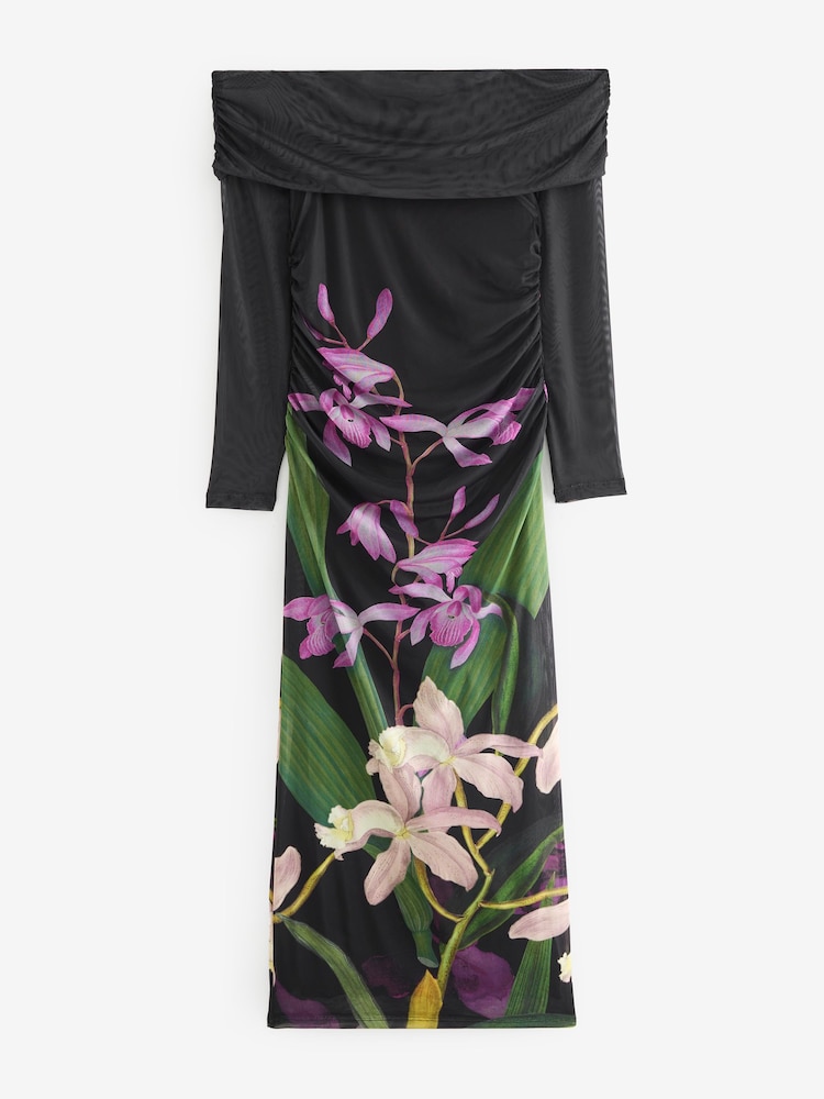 Black/Purple Floral Kew Collection Mesh Bardot Maxi Dress - Image 5 of 7