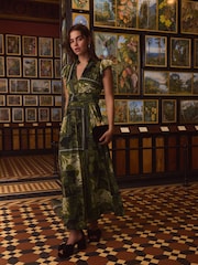 Green Floral Kew Collection Pleated Mesh Print V-Neck Occasion Midi Dress - Image 1 of 7