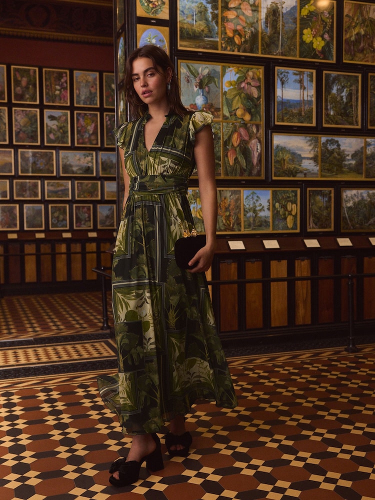 Green Floral Kew Collection Pleated Mesh Print V-Neck Occasion Midi Dress - Image 1 of 7