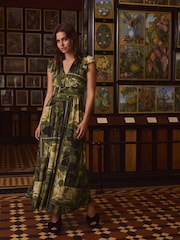 Green Floral Kew Collection Pleated Mesh Print V-Neck Occasion Midi Dress - Image 2 of 7