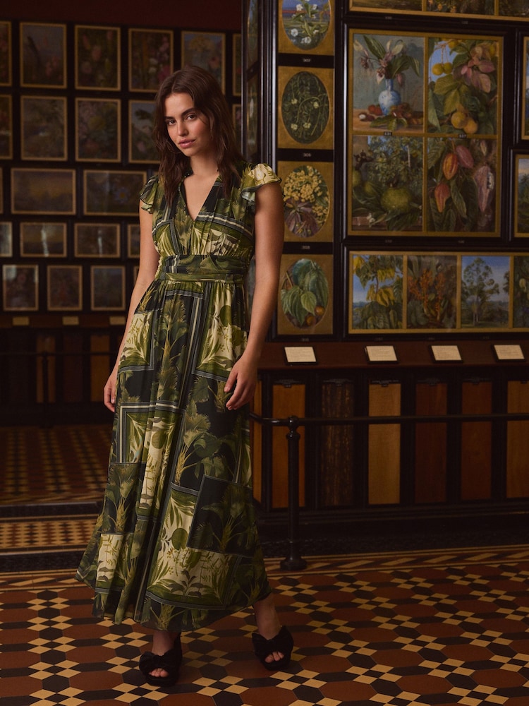 Green Floral Kew Collection Pleated Mesh Print V-Neck Occasion Midi Dress - Image 2 of 7