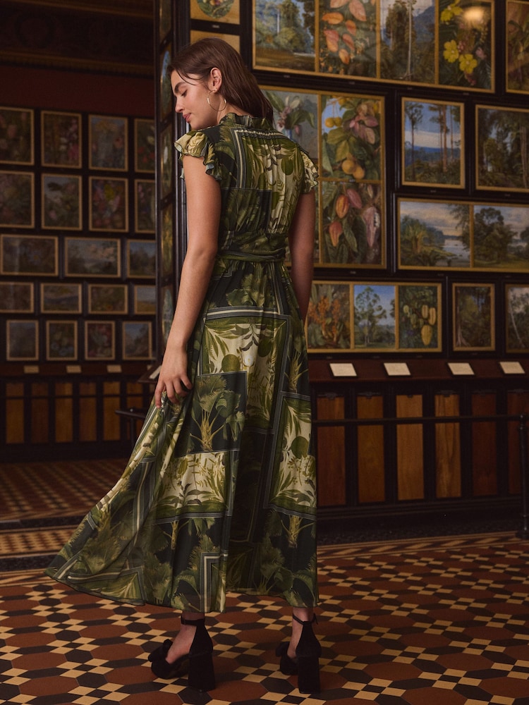 Kew Gardens Green Floral Pleated Mesh Print V-Neck Occasion Midi Dress - Image 3 of 7