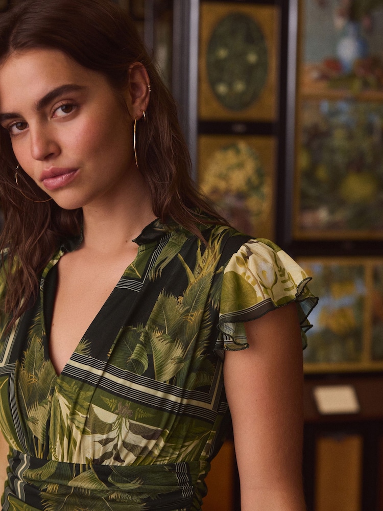 Kew Gardens Green Floral Pleated Mesh Print V-Neck Occasion Midi Dress - Image 4 of 7