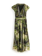 Green Floral Kew Collection Pleated Mesh Print V-Neck Occasion Midi Dress - Image 5 of 7