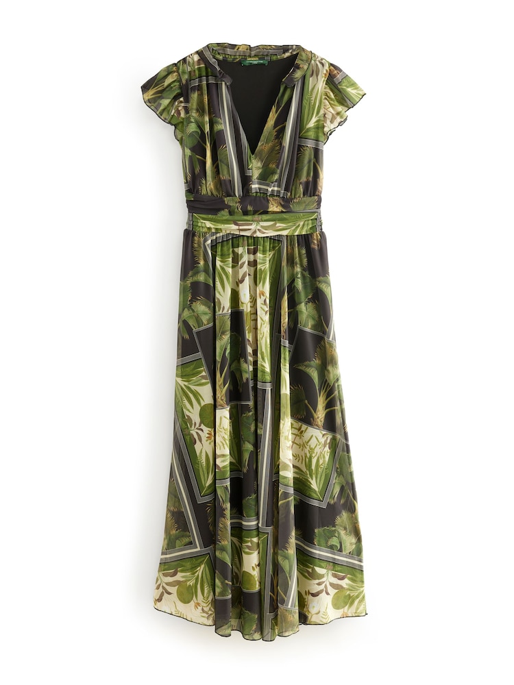 Kew Gardens Green Floral Pleated Mesh Print V-Neck Occasion Midi Dress - Image 5 of 7