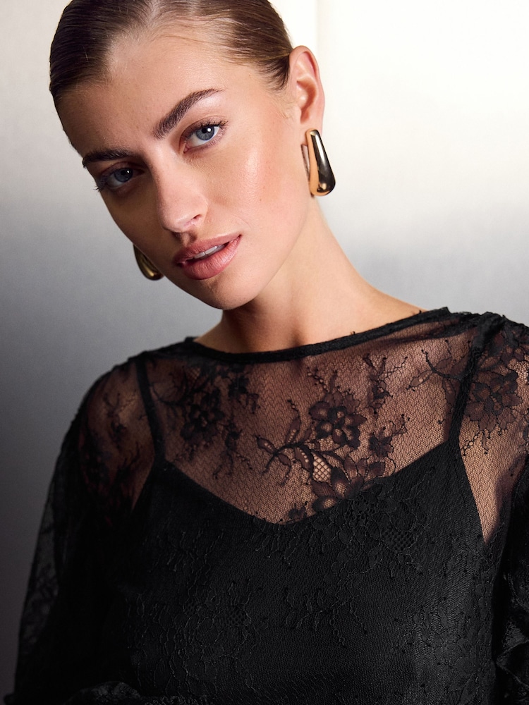 Black Long Sleeve Lace Ruffle Detail Mini Dress - Image 4 of 7