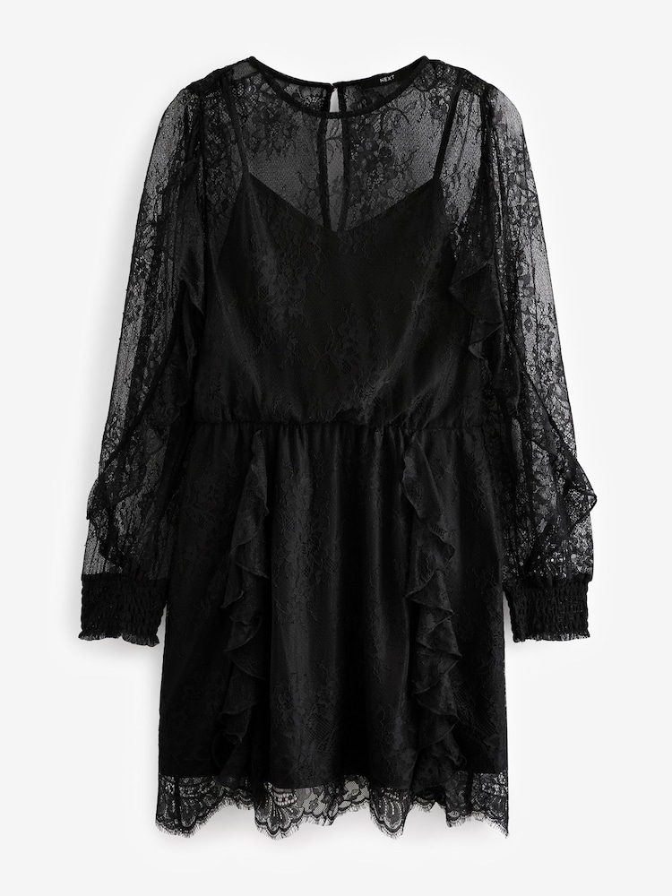 Black Long Sleeve Lace Ruffle Detail Mini Dress - Image 5 of 7