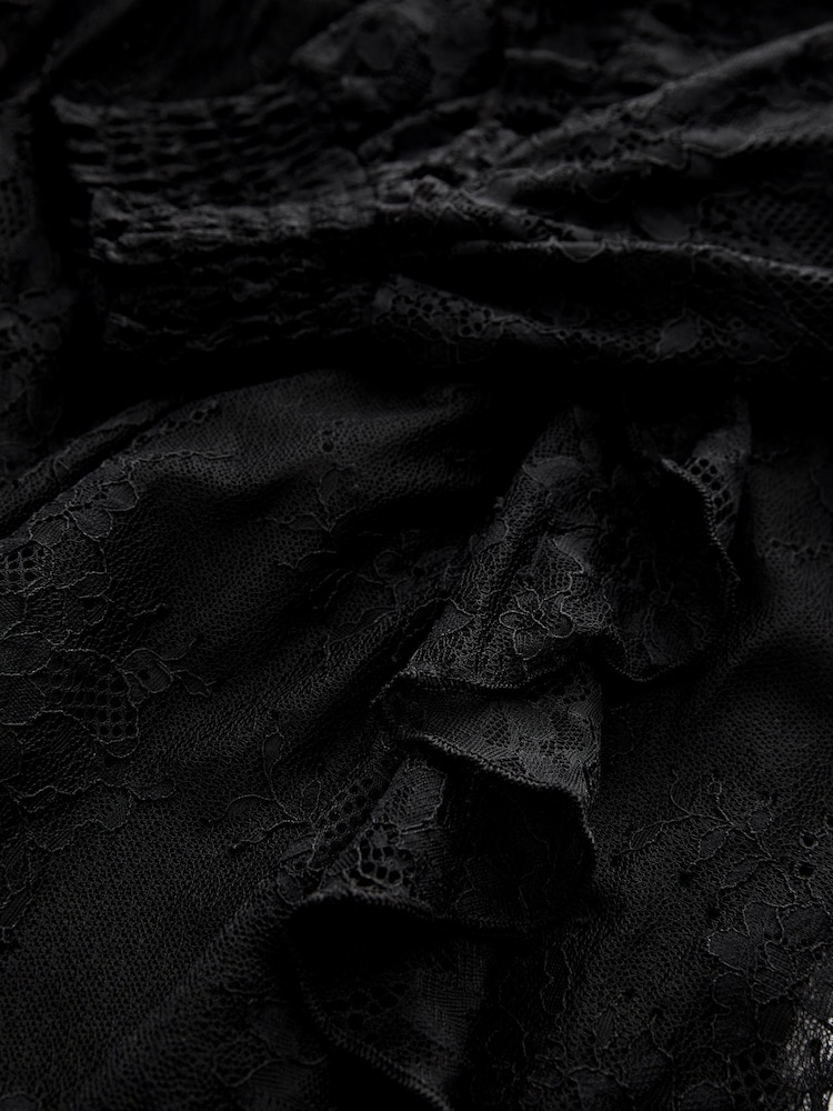 Black Long Sleeve Lace Ruffle Detail Mini Dress - Image 6 of 7