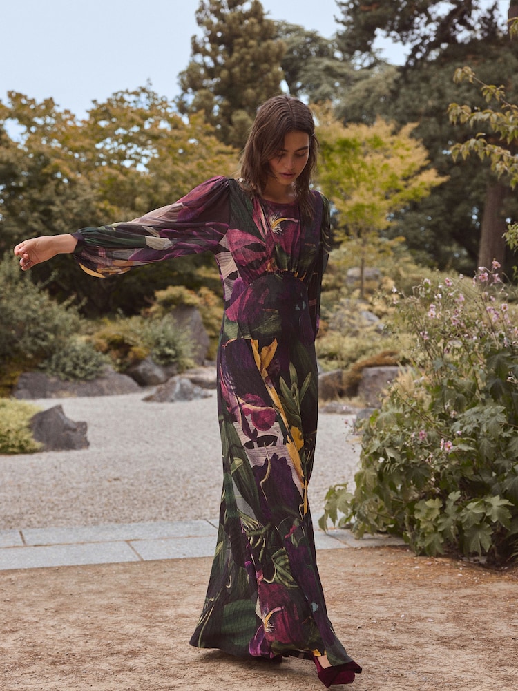 Черный с цветочным узором - Платье макси с длинными рукавами Kew Collection - Image 2 of 5