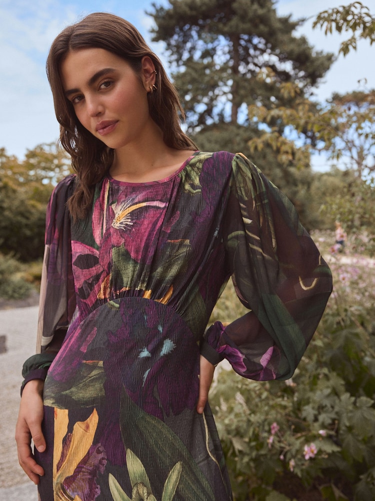 أسود طباعة زهور - فستان ماكسي كم طويل من مجموعة Kew - Image 4 of 5