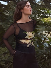 Kew Black Floral Placement Long Sleeve Ruched Side Mesh Top - Image 1 of 8