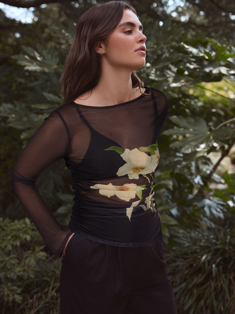 Kew Black Floral Placement Long Sleeve Ruched Side Mesh Top - Image 1 of 8