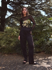 Kew Black Floral Placement Long Sleeve Ruched Side Mesh Top - Image 2 of 8