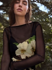 Kew Black Floral Placement Long Sleeve Ruched Side Mesh Top - Image 5 of 8
