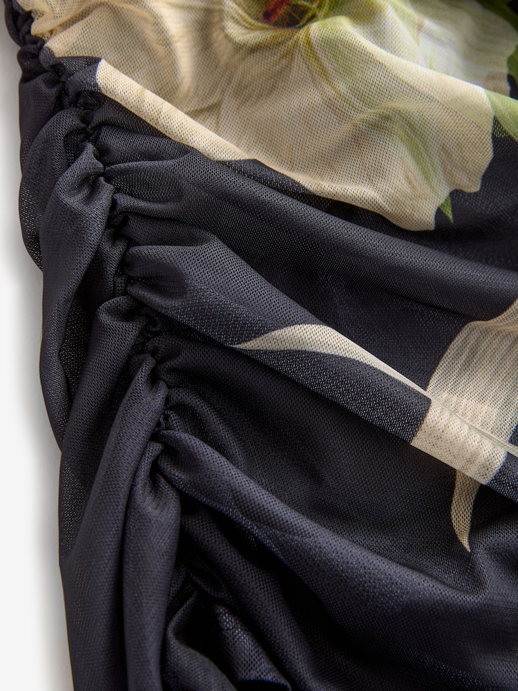Kew Black Floral Placement Long Sleeve Ruched Side Mesh Top - Image 8 of 8