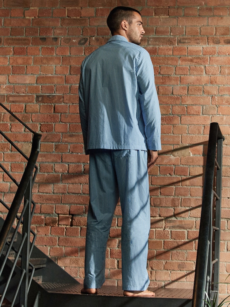 Blue Stripe Long Sleeve 100% Cotton Shirt Pyjamas Set - Image 2 of 10