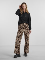 PIECES Black Leopard Print Trousers - Image 1 of 5