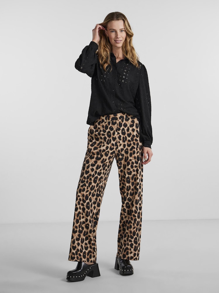 PIECES Black Leopard Print Trousers - Image 1 of 5