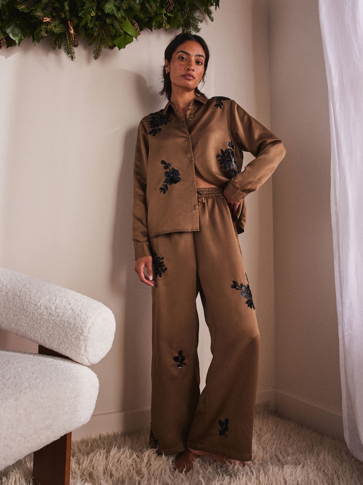 Olive Green Floral Embellished Long Sleeve Button Through Pyjamas - Image 1 of 7