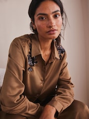 Olive Green Floral Embellished Long Sleeve Button Through Pyjamas - Image 3 of 7