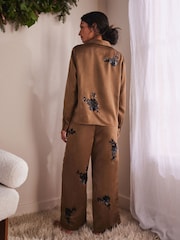 Olive Green Floral Embellished Long Sleeve Button Through Pyjamas - Image 4 of 7