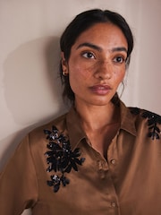 Olive Green Floral Embellished Long Sleeve Button Through Pyjamas - Image 5 of 7
