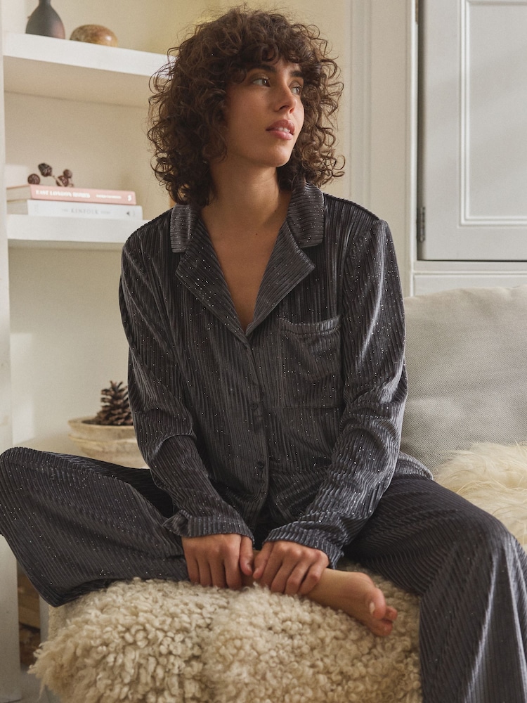 Grey Sparkle Velour Button Through Pyjamas - Image 1 of 6