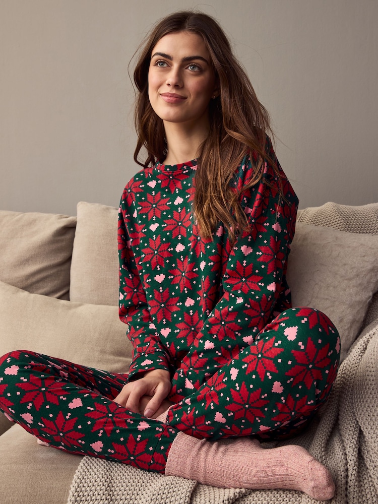 Red Snowflake 100% Cotton Christmas Long Sleeve Pyjamas - Image 1 of 9