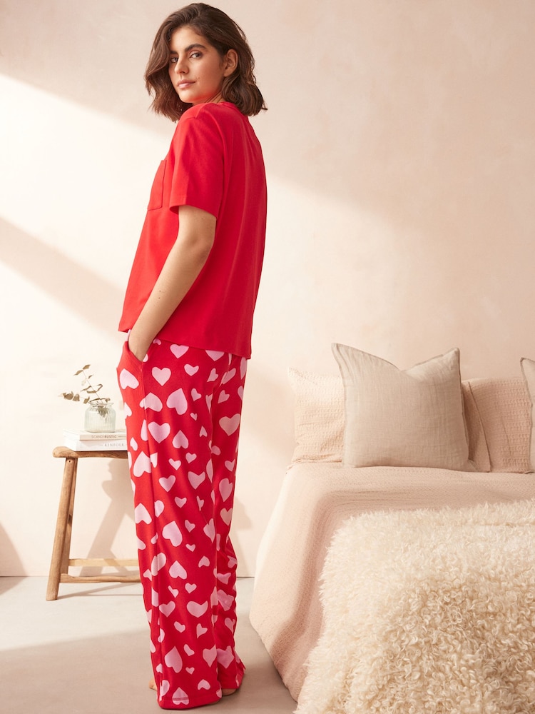 Red Heart Short Sleeve and Fleece Bottom Pyjamas - Image 3 of 5