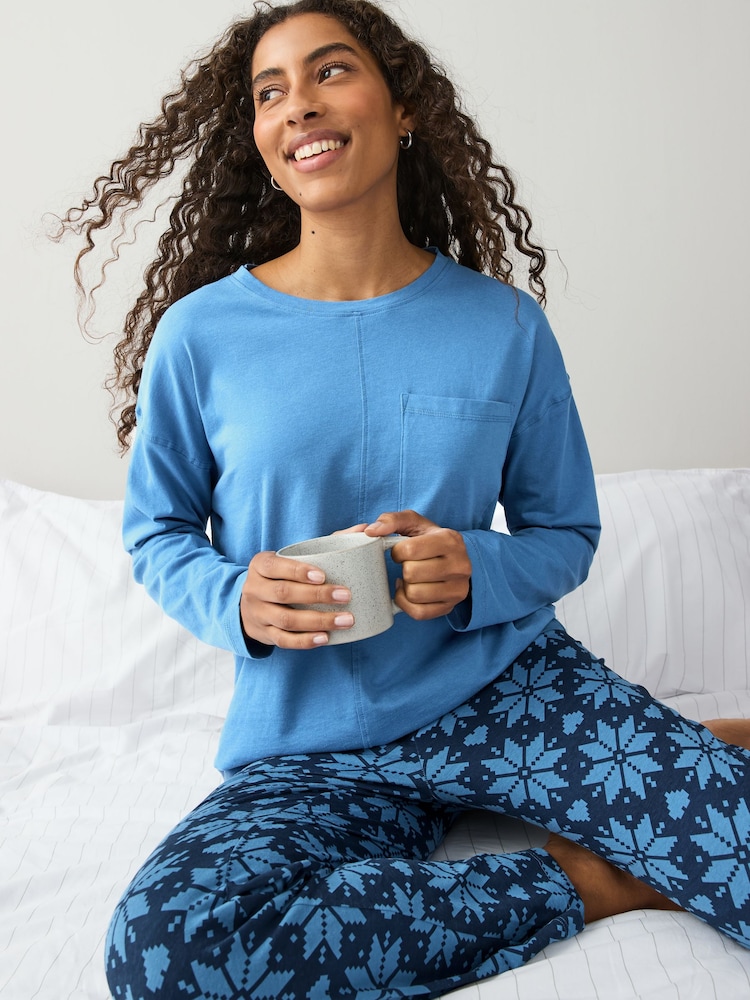 Schneeflocken-Blau - Langärmeliger Pyjama aus 100 % Baumwolle - Bild 1 von 10 Schneeflocken-Blau - Langärmeliger Pyjama aus 100 % Baumwolle - Bild 1 von 10