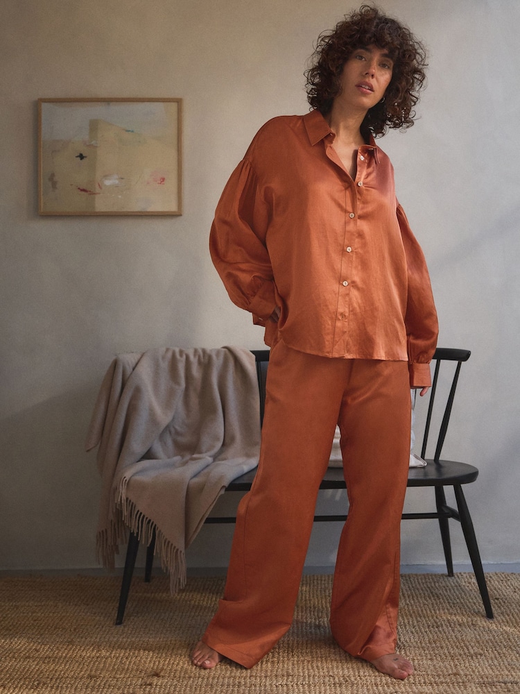 Orange Linen Blend Button Through Pyjamas - Image 2 of 6