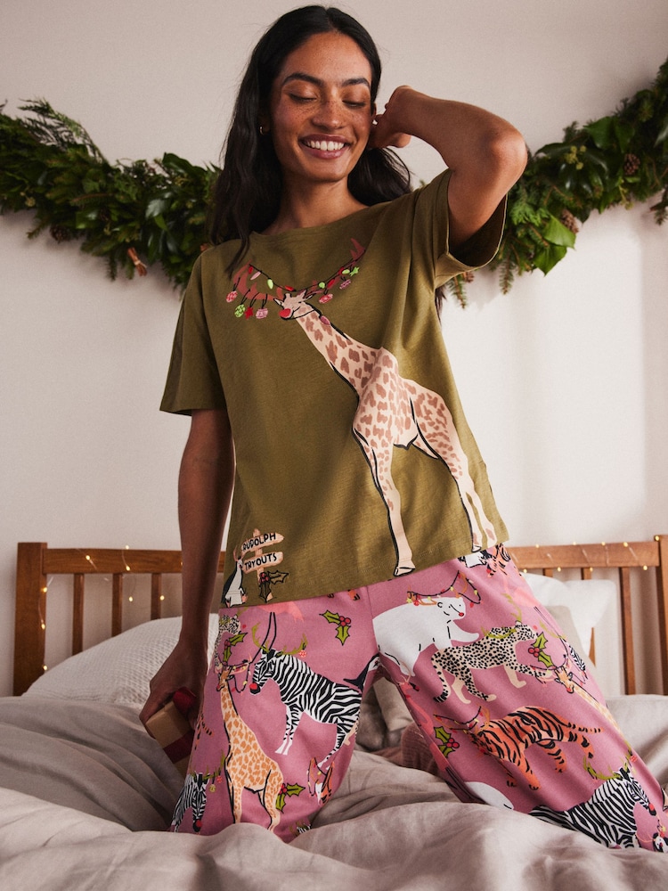 Green Giraffe 100% Cotton Short Sleeve Pyjamas - Image 1 of 7