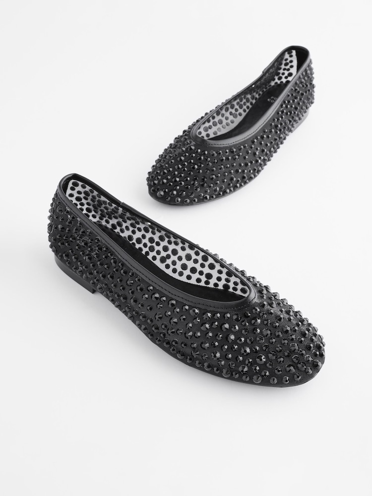 Black Forever Comfort® Round Toe Mesh Jewel Ballerinas Shoes - Image 1 of 3