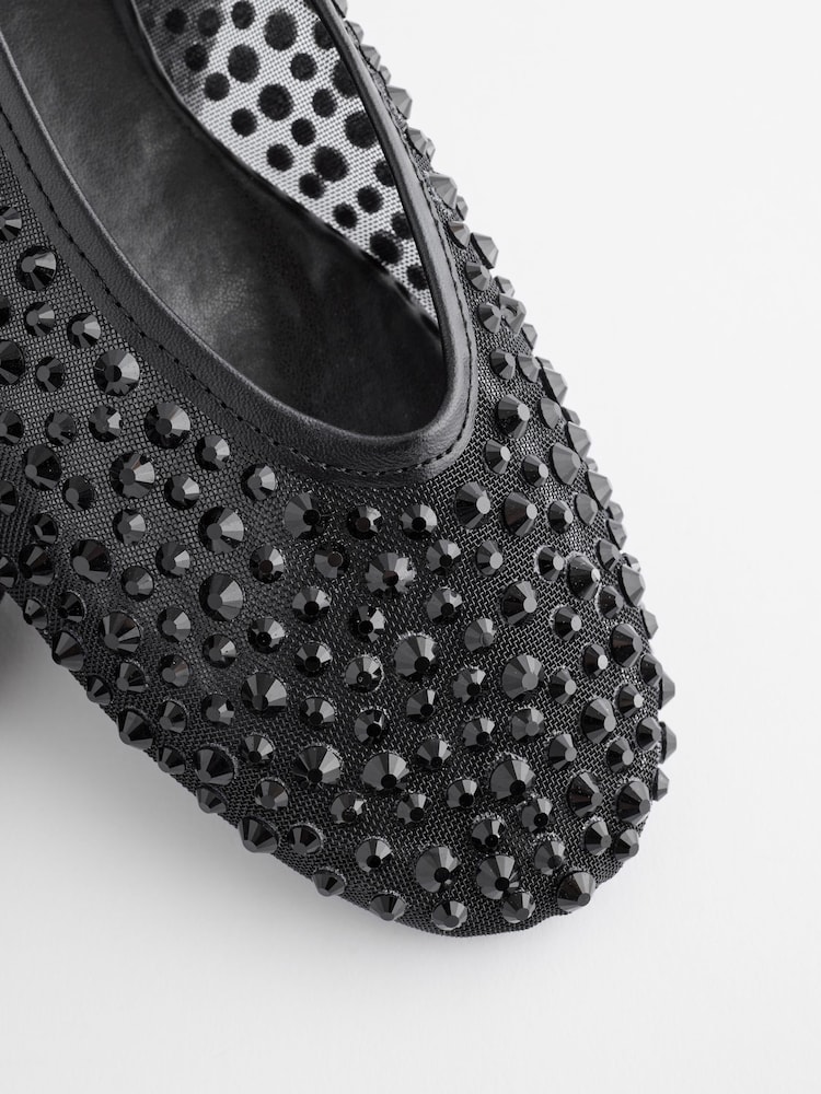 Black Forever Comfort® Round Toe Mesh Jewel Ballerinas Shoes - Image 3 of 3