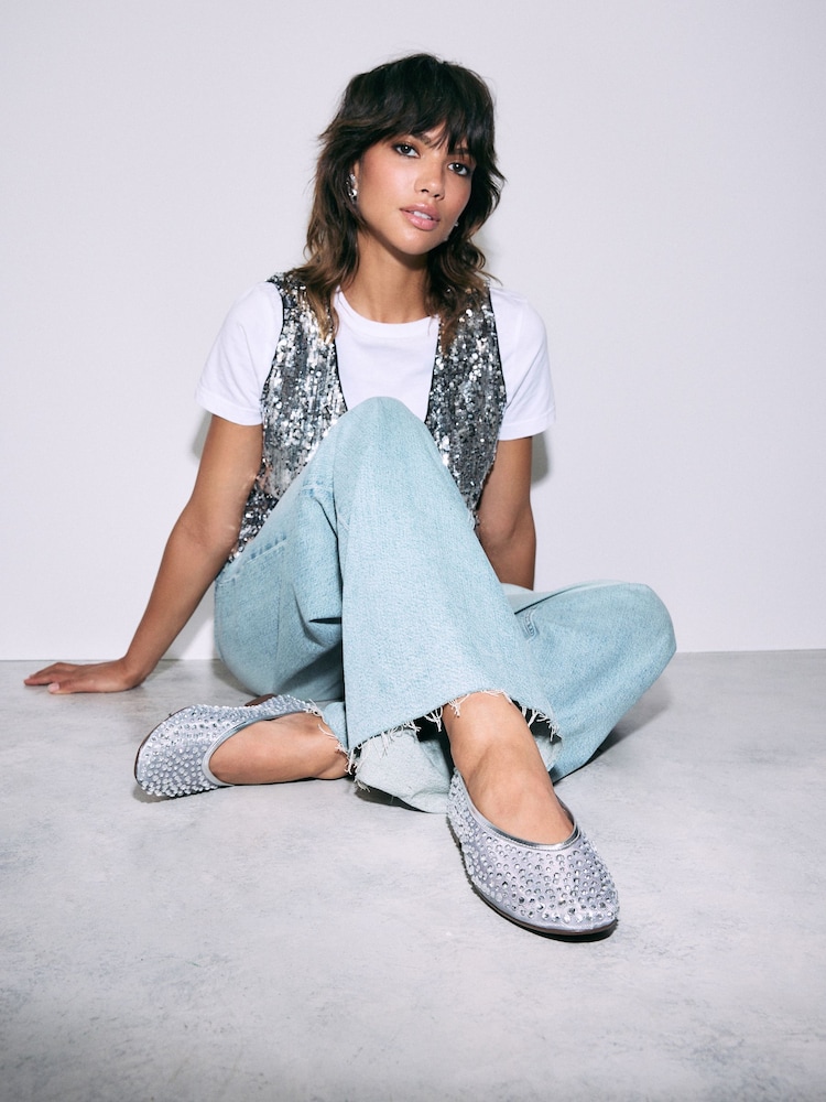 Silver Forever Comfort® Round Toe Mesh Jewel Ballerinas Shoes - Image 2 of 9