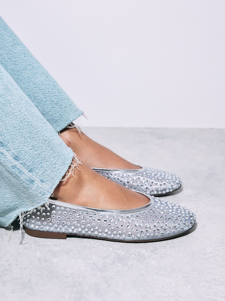 Silver Forever Comfort® Round Toe Mesh Jewel Ballerinas Shoes - Image 4 of 9